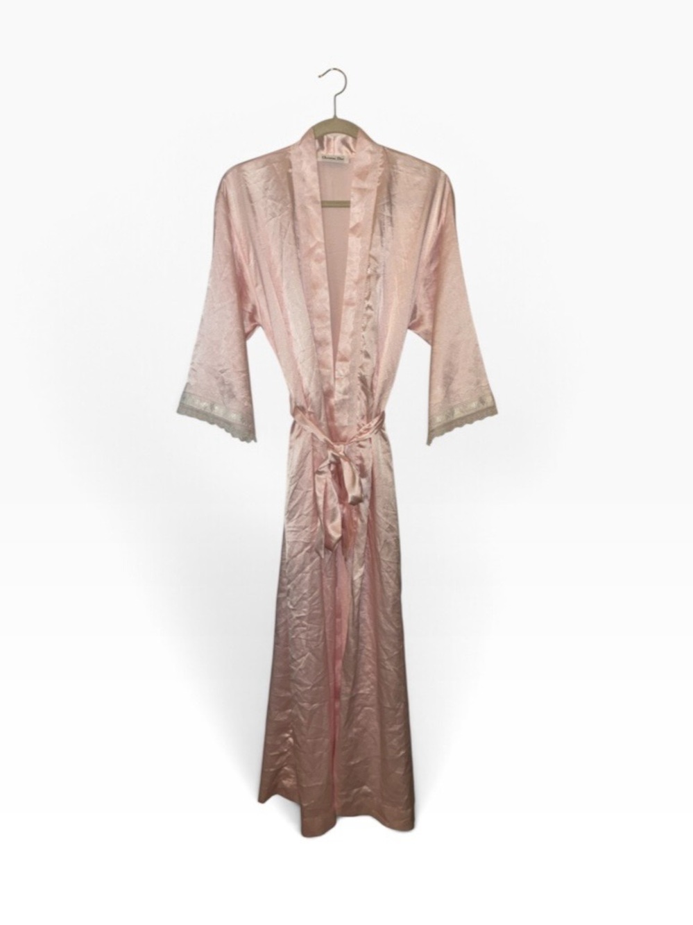 Christian Dior Lingerie Vintage Union Made Lace Trim Belted Robe Pink Sz S